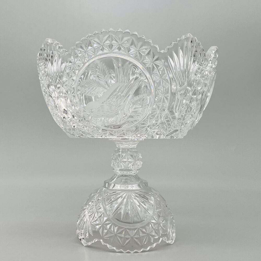 VTG Hofbauer Byrdes Crystal Large Compote Pedestal Bowl Etched Bird Germany 9"